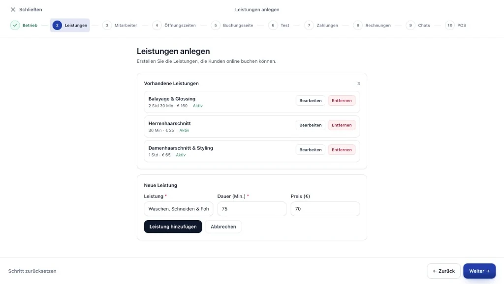 Kelfix Einrichtung Schritt 2: Leistungen mit Dauer und Preis anlegen.