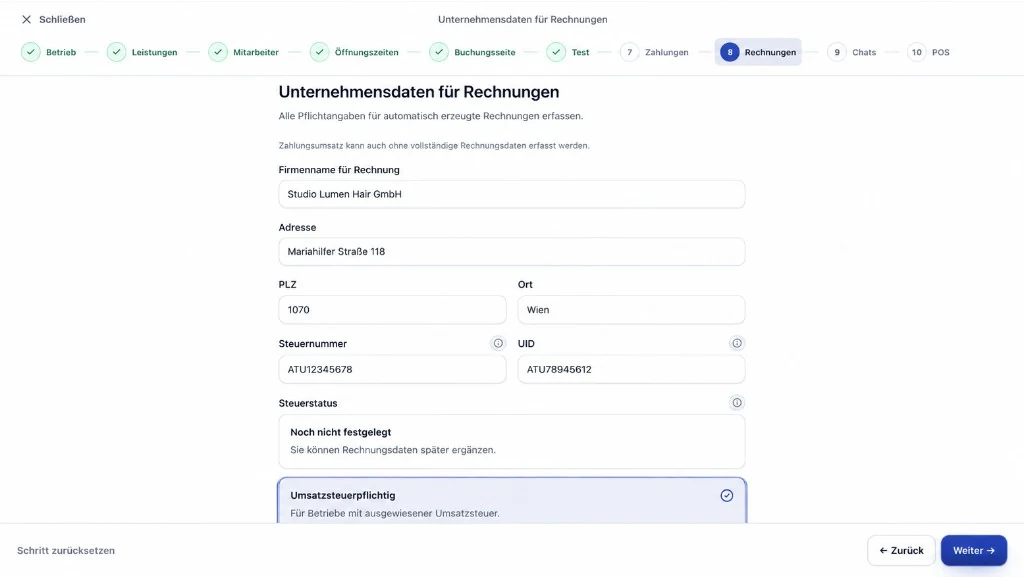 Kelfix Einrichtung Schritt 8: Unternehmensdaten für Rechnungen hinterlegen.